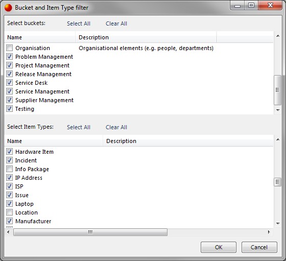Bucket and Item Type filter list