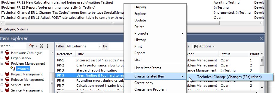 Item Explorer - right-click - create related item