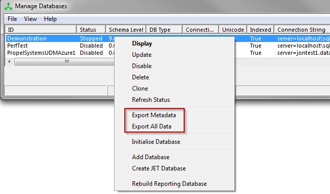 Server Utilities - Manage DBs menu